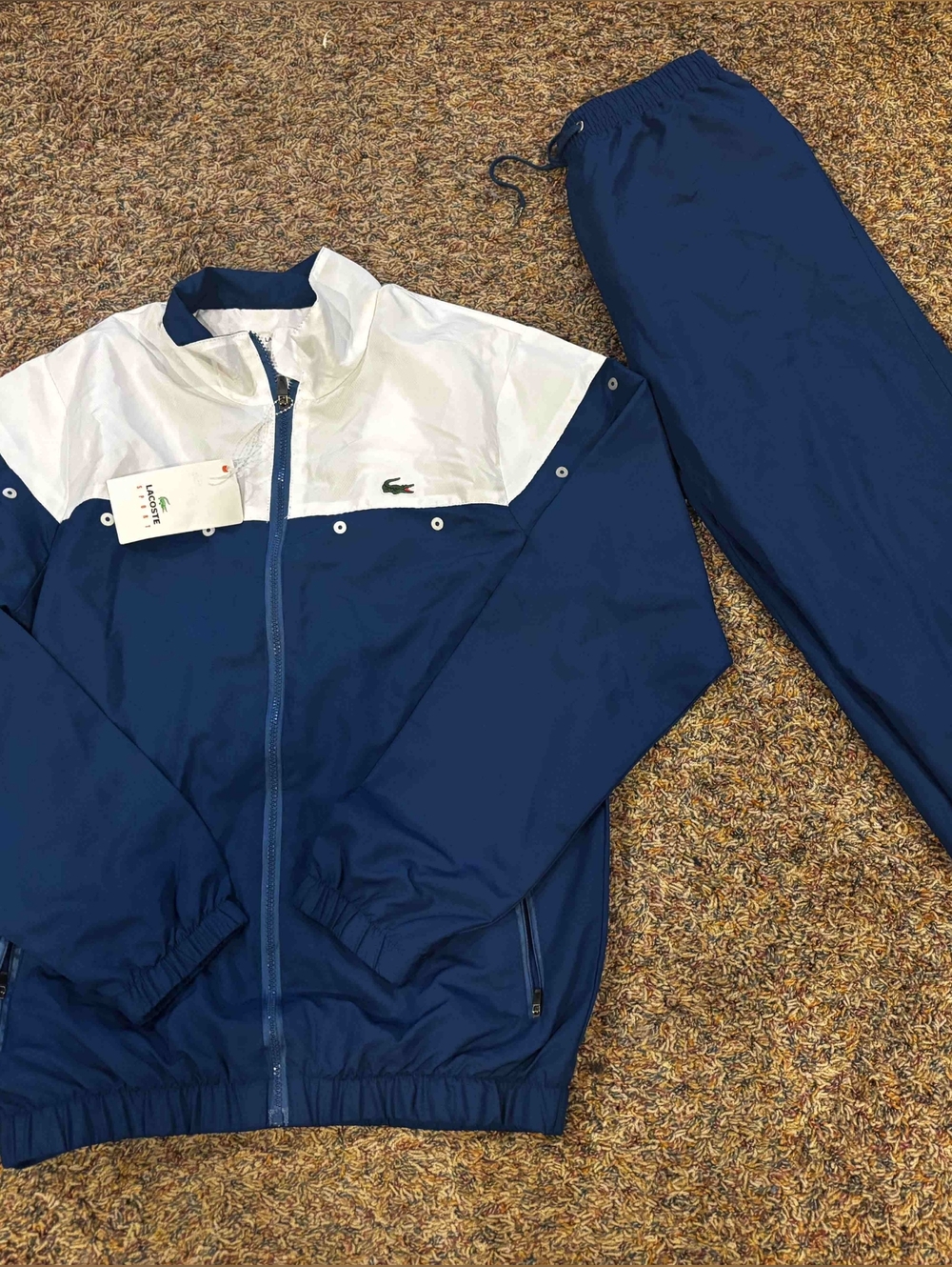 Men Lacoste Navy and White Swooshy Track Jacket Large